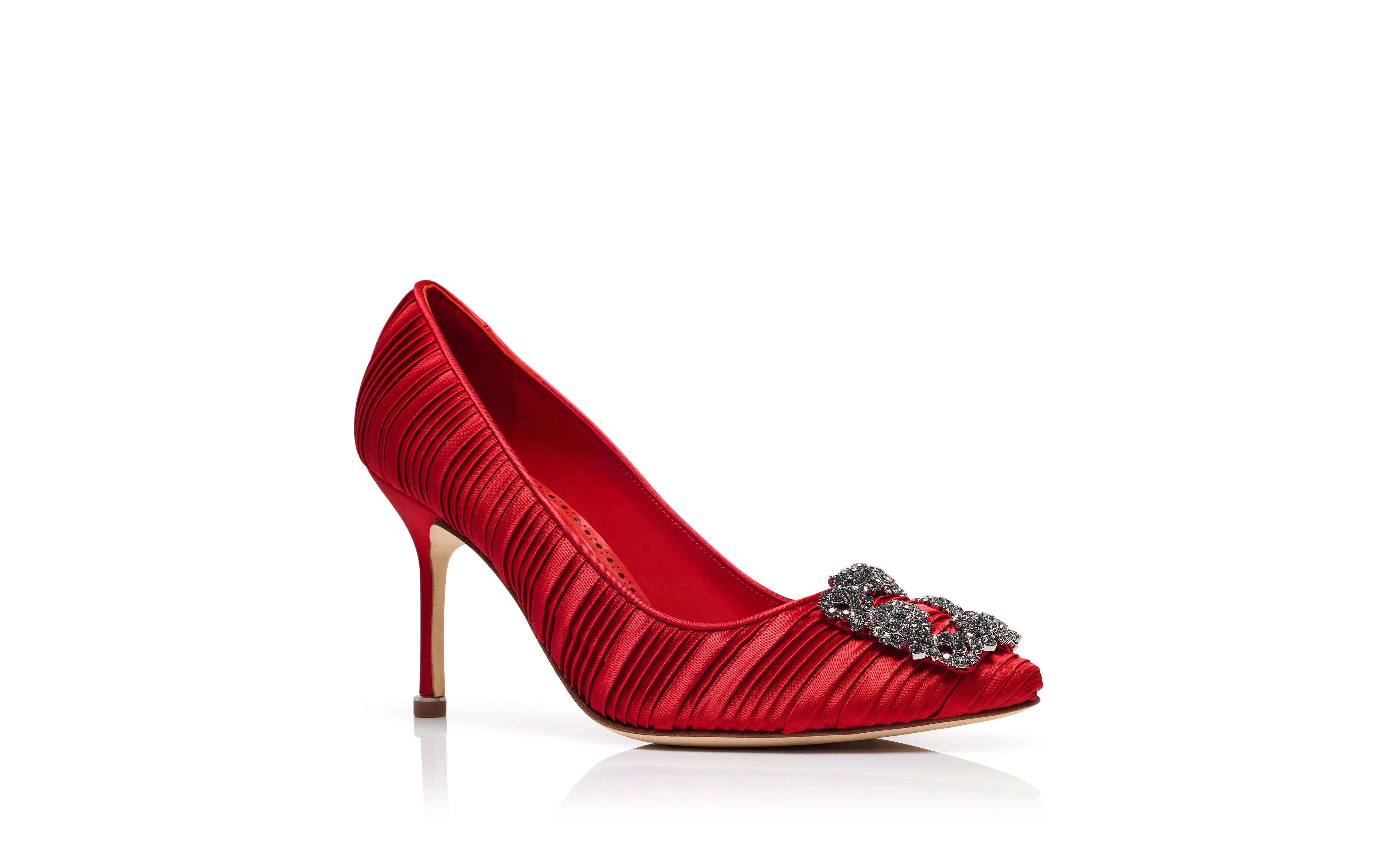 Designer Red Satin Jewel Buckle Pumps - Image Upsell