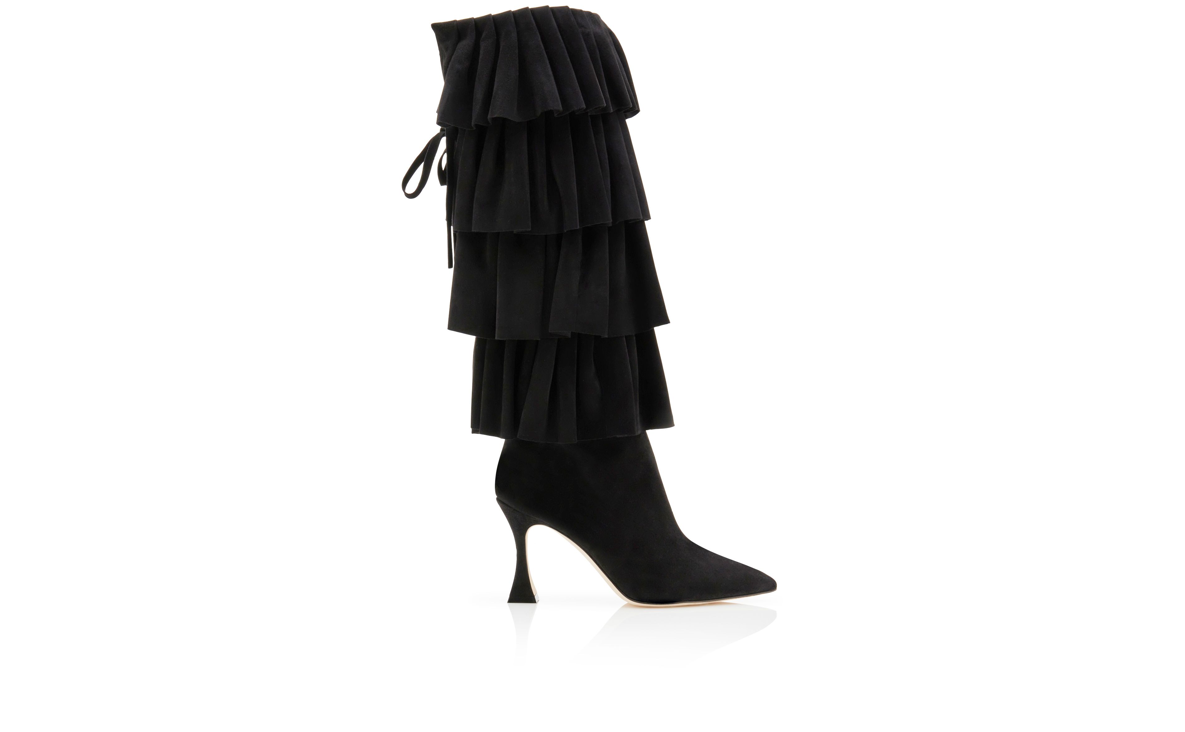 Designer Black Suede Ruffled Knee High Boots - Image Side View