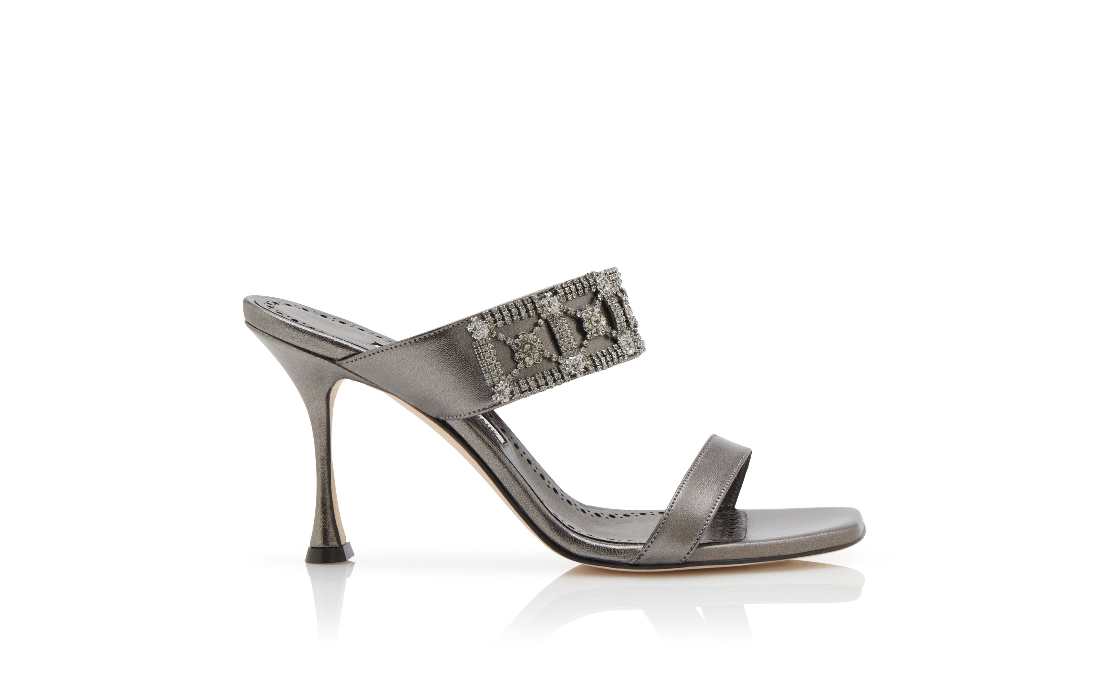 Designer Grey Nappa Leather Embellished Mules  - Image Side View