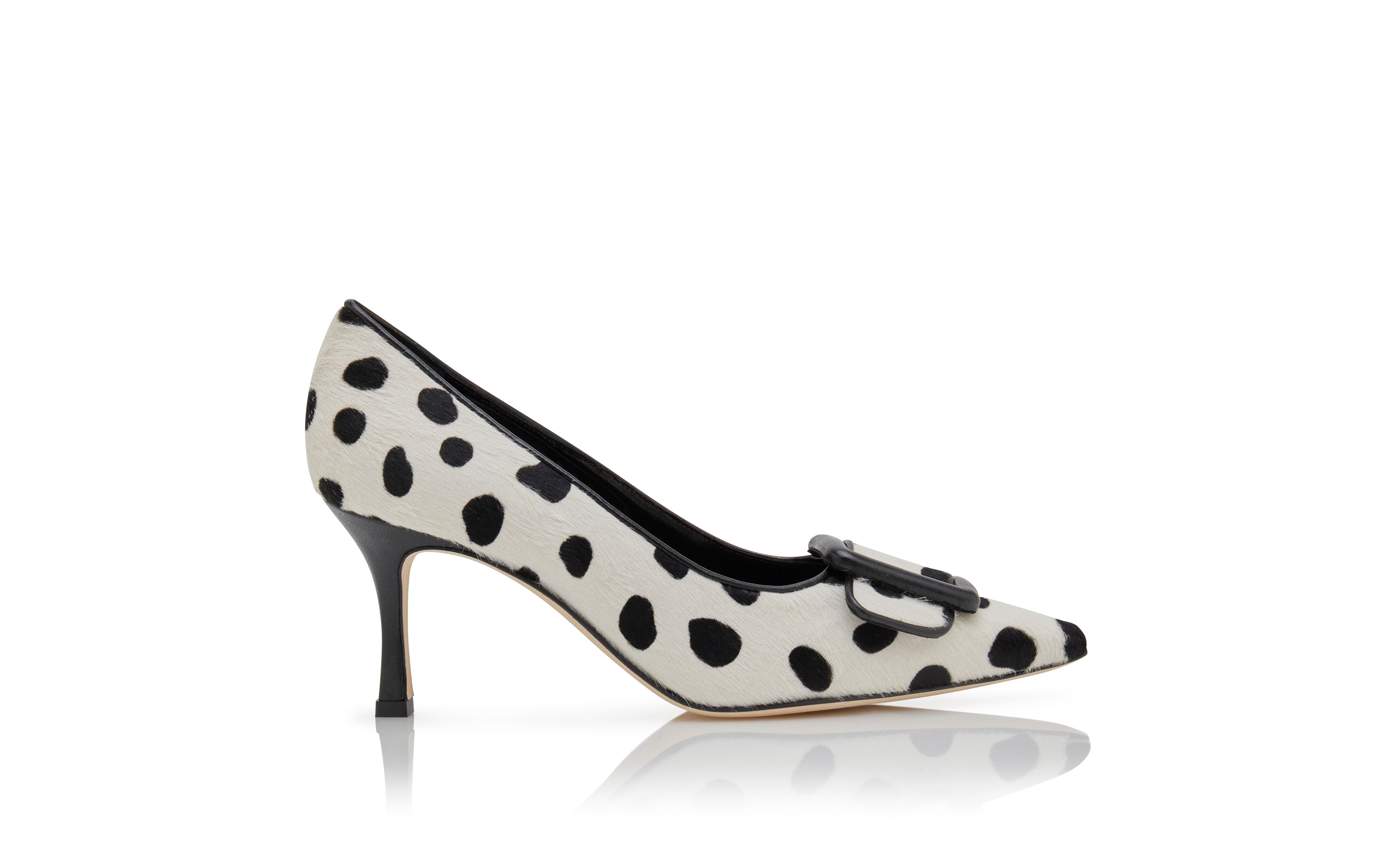 Designer White and Black Calf Hair Buckle Detail Pumps - Image Side View