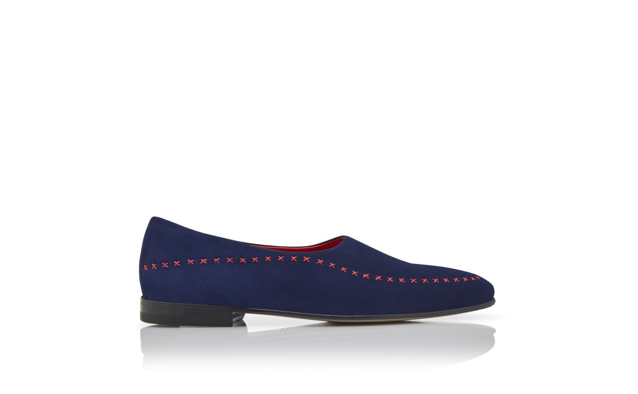 Designer Navy Blue and Red Suede Low Cut Slippers - Image Side View