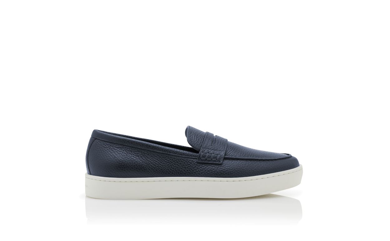 Designer Navy Blue Calf Leather Slip-On Loafers - Image Side View