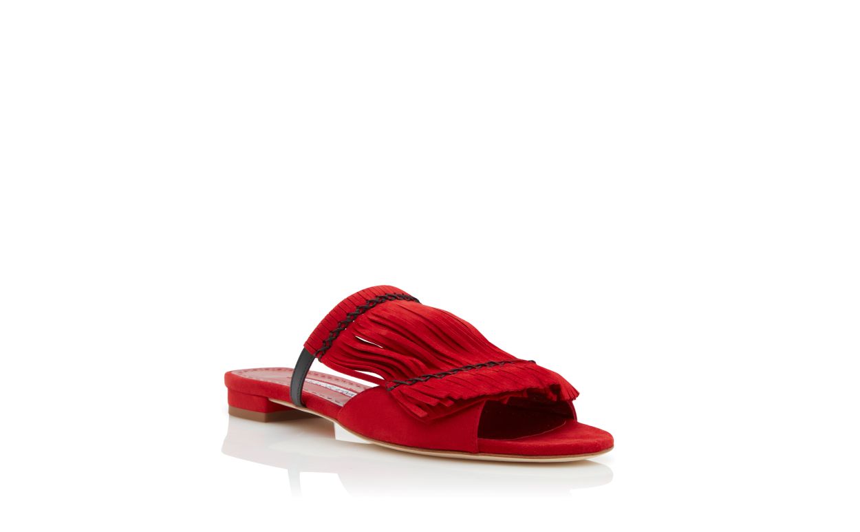 Designer Red Suede Fringe Detail Flat Sandals   - Image Upsell