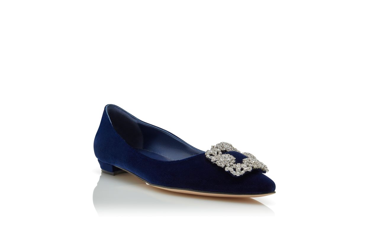 Designer Navy Blue Velvet Jewel Buckle Flat Pumps - Image Upsell