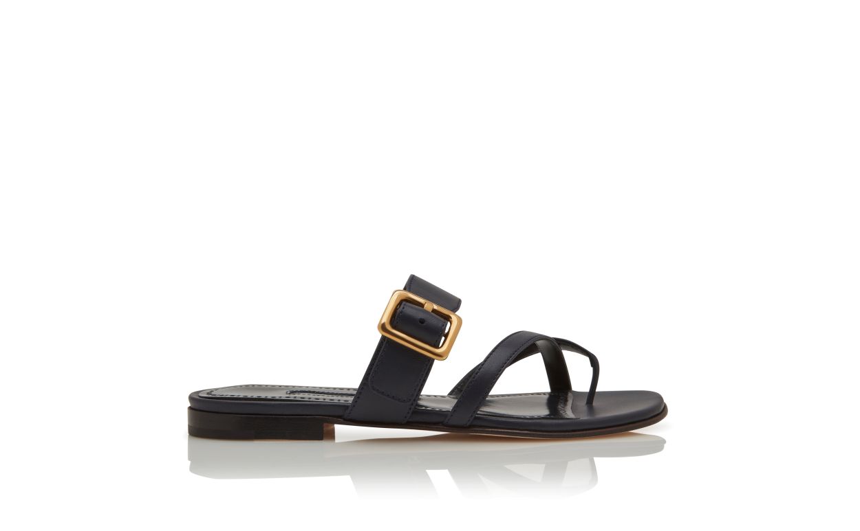 Designer Navy Blue Nappa Leather Flat Sandals - Image Side View