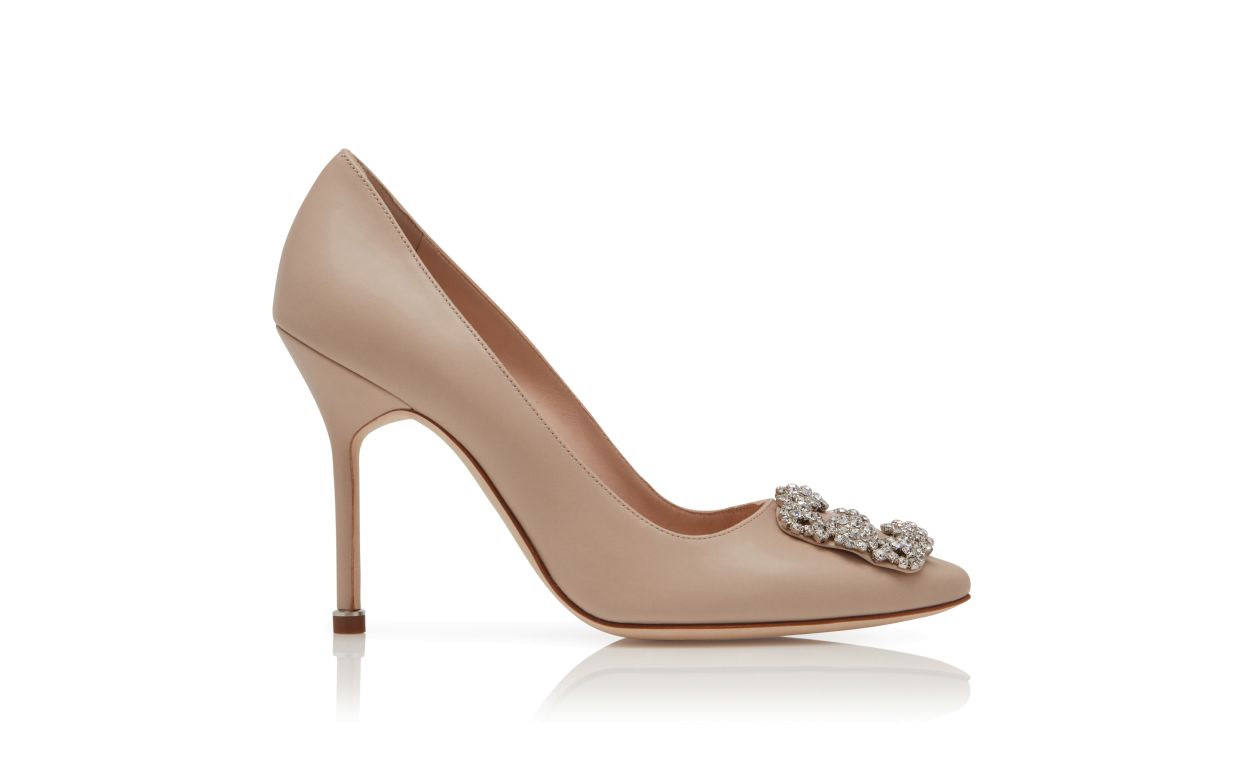 Designer Light Beige Calf Leather Jewel Buckle Pumps - Image Side View