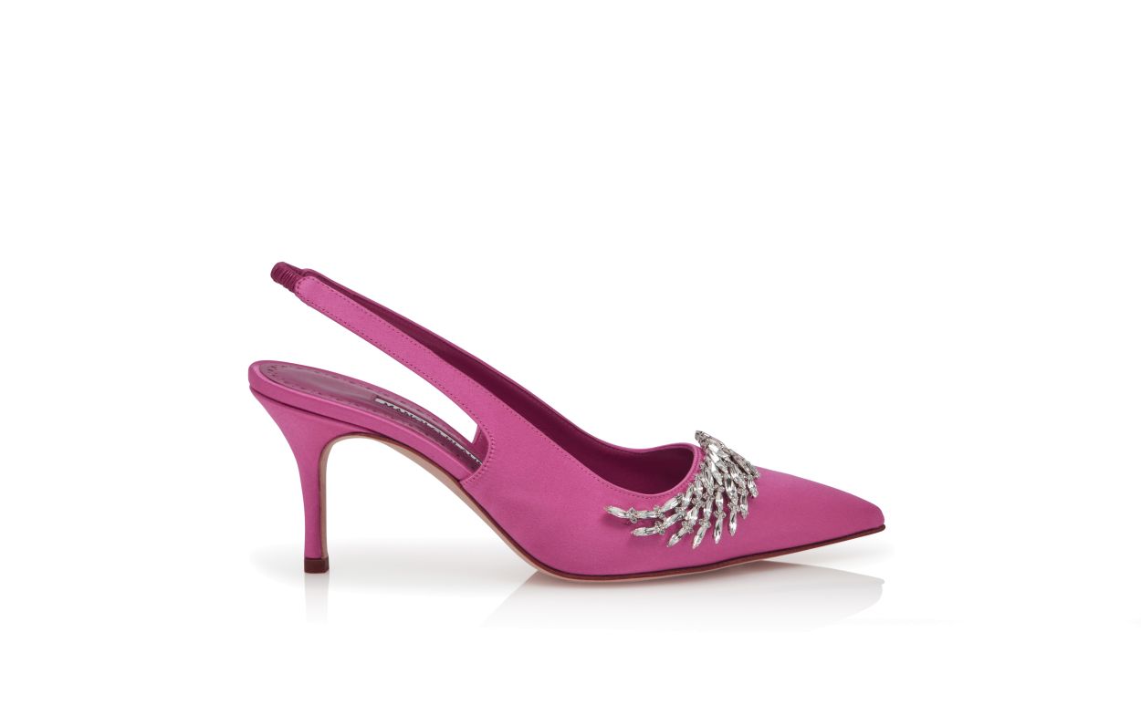 Designer Pink Satin Jewel Embellished Slingback Pumps - Image Side View