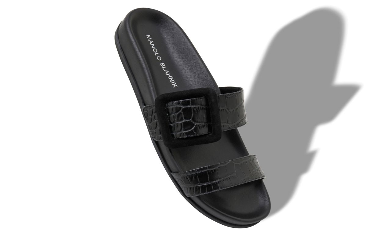 Designer Black Calf Leather Buckle Detail Flat Mules - Image small_image