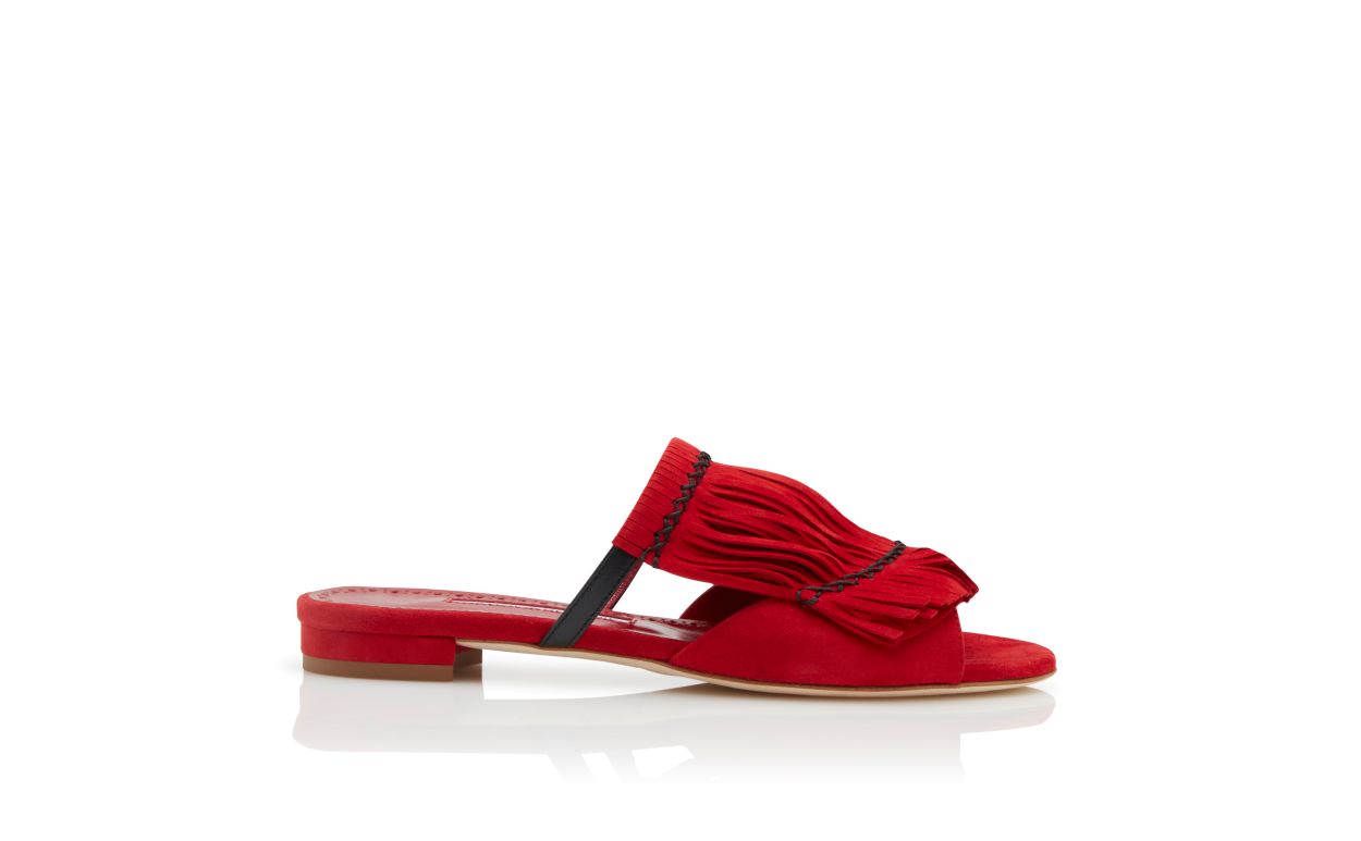 Designer Red Suede Fringe Detail Flat Sandals   - Image Side View