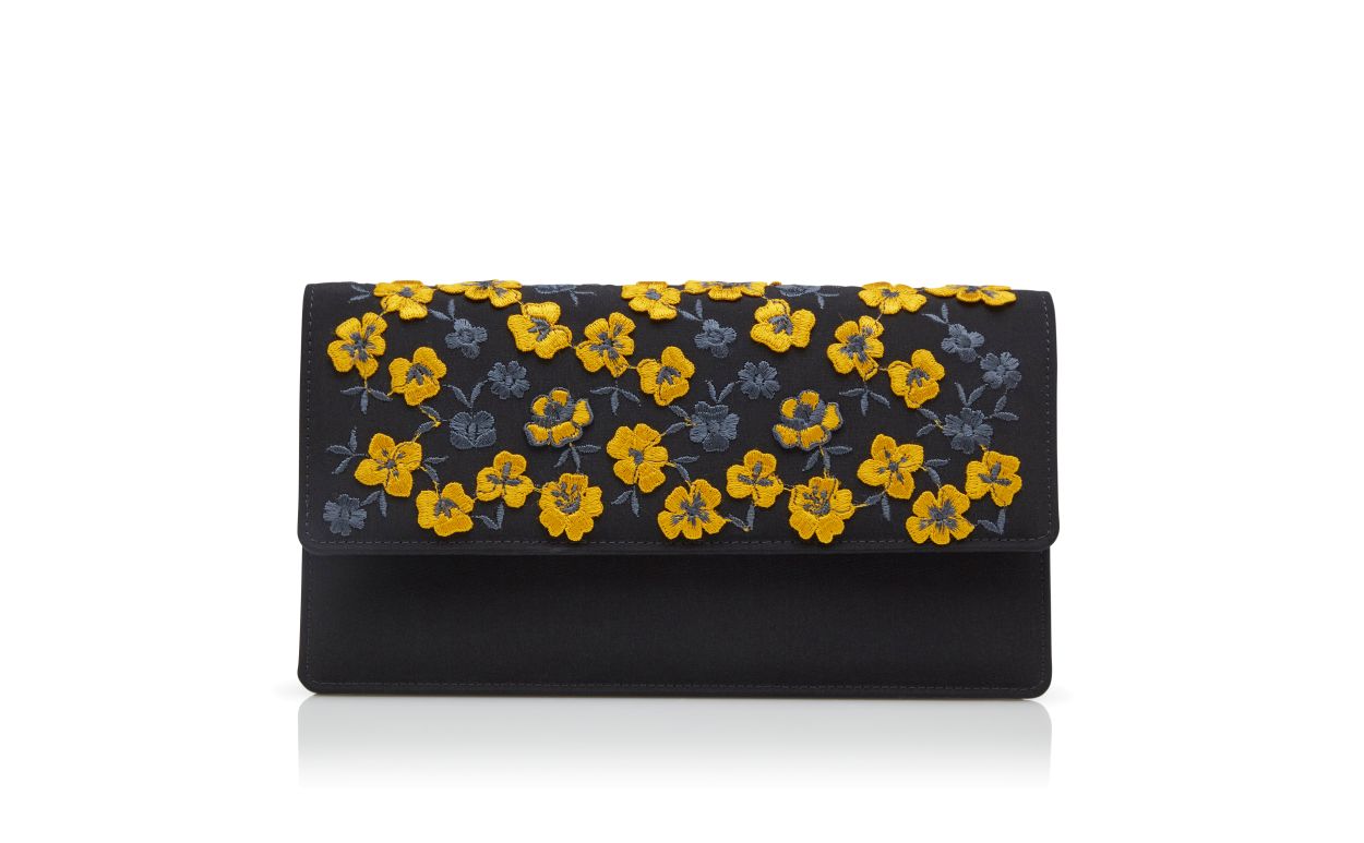 Designer Black and Yellow Silk Embroidered Clutch - Image Side View