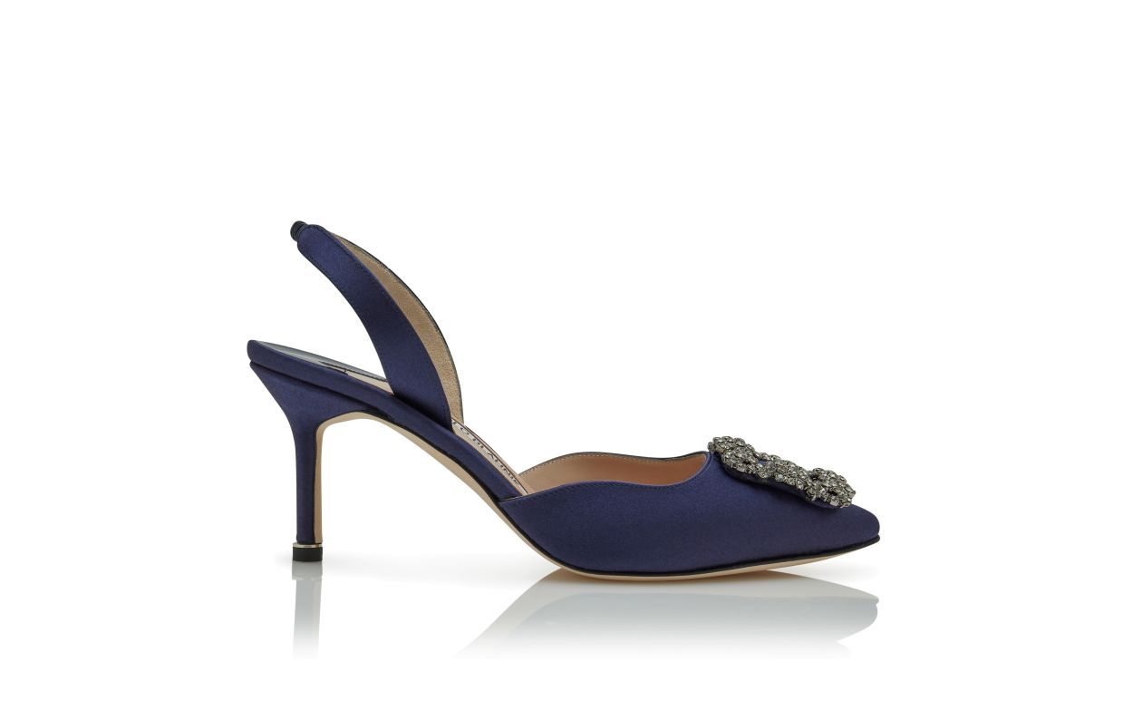 Designer Navy Blue Satin Jewel Buckle Slingback Pumps - Image Side View