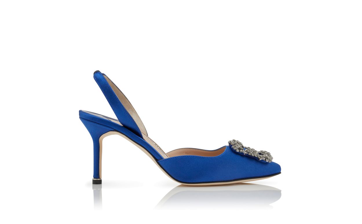 Designer Blue Satin Jewel Buckle Slingback Pumps - Image Side View