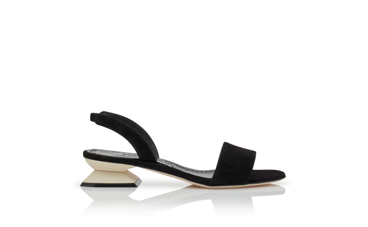 Designer Black and Ivory Suede Slingback Sandals - Image Side View