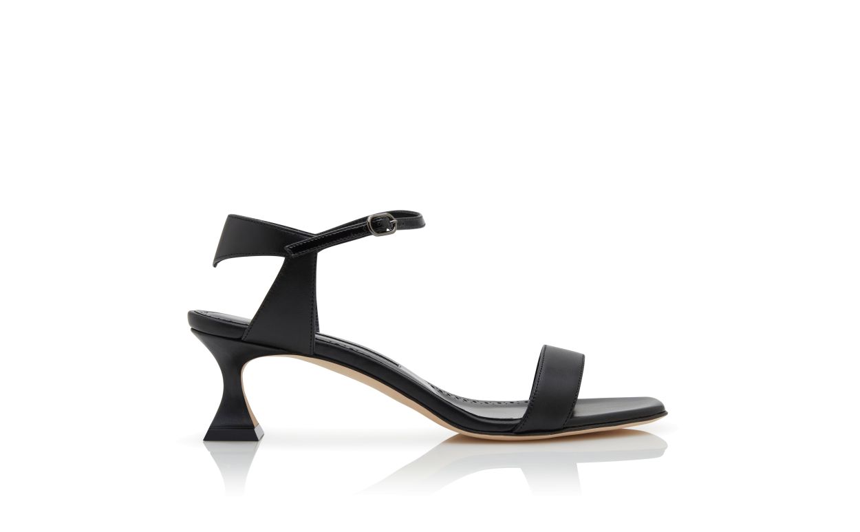 Designer Black Nappa Leather Ankle Strap Sandals  - Image Side View
