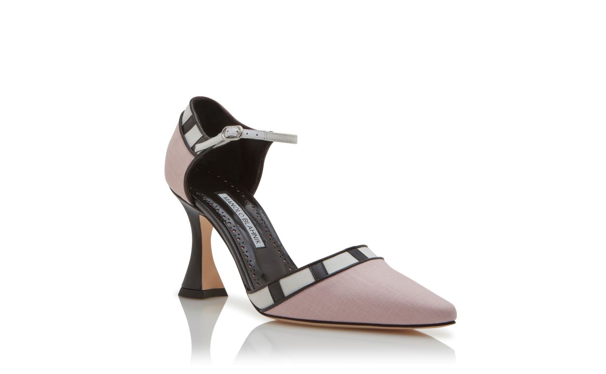 Designer Pink, Black and Cream Linen Pointed Toe Pumps - Image Upsell