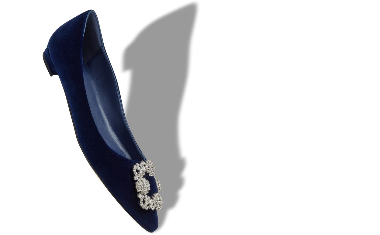 Designer Navy Blue Velvet Jewel Buckle Flat Pumps - Image small_image