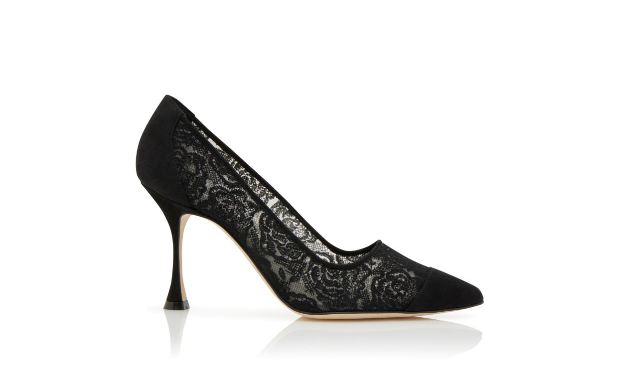 Designer Black Lace Pointed Toe Pumps - Image Side View