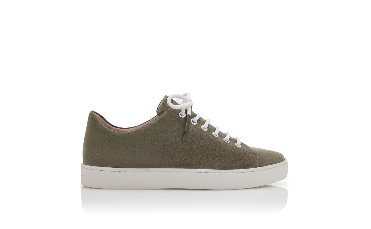 Designer Khaki Suede Lace-Up Sneakers - Image Side View