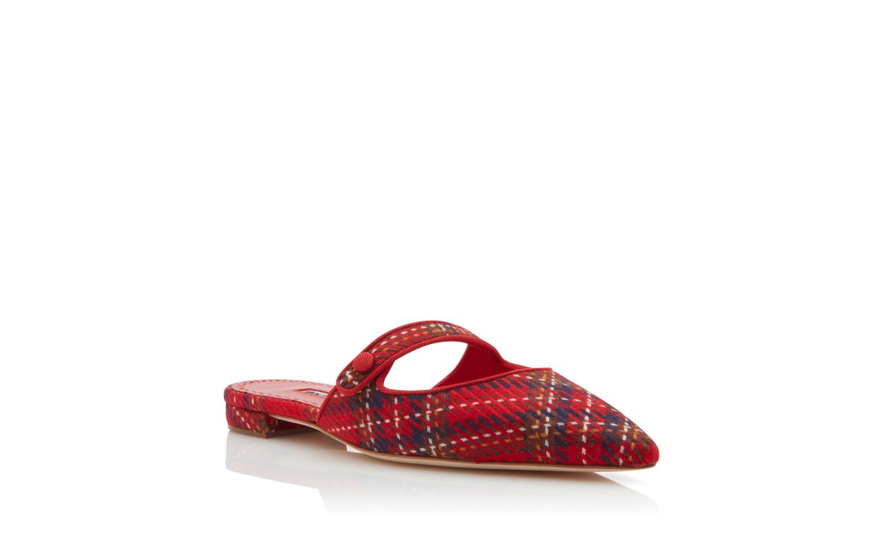 Designer Red Wool Tartan Flat Mules - Image Upsell