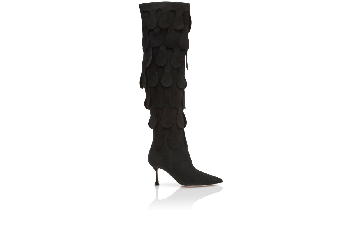 Designer Black Suede Knee High Boots - Image Side View