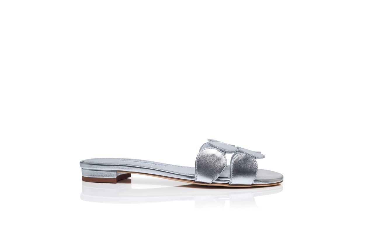 Designer Silver Nappa Leather Flat Sandals - Image Side View