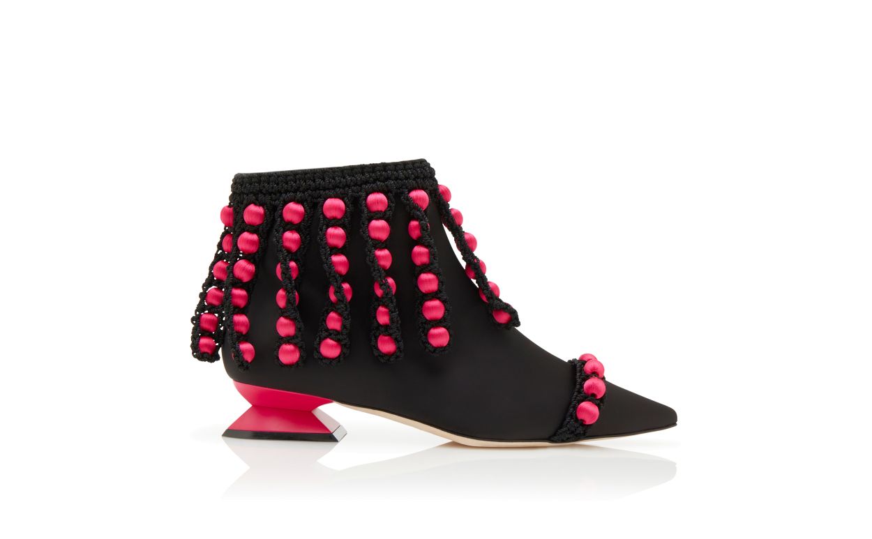 Designer Black and Pink Satin Pom Pom Ankle Boots - Image Side View