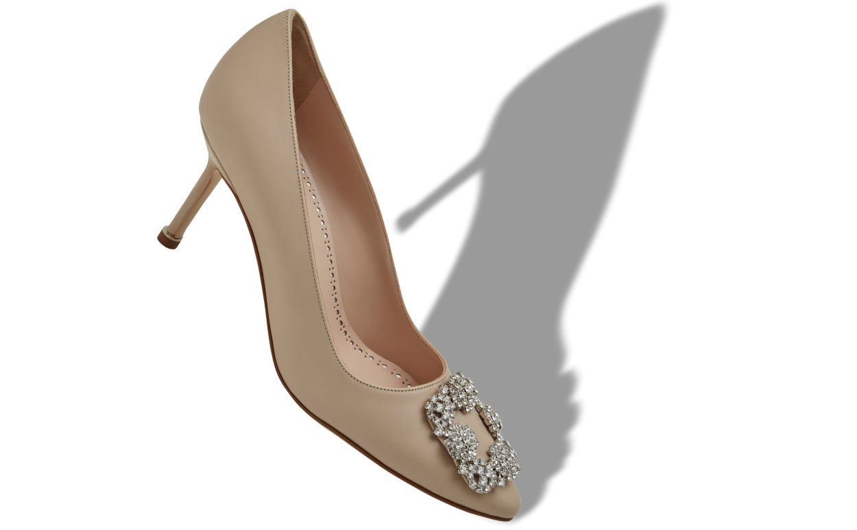 Designer Light Beige Calf Leather Jewel Buckle Pumps - Image small_image