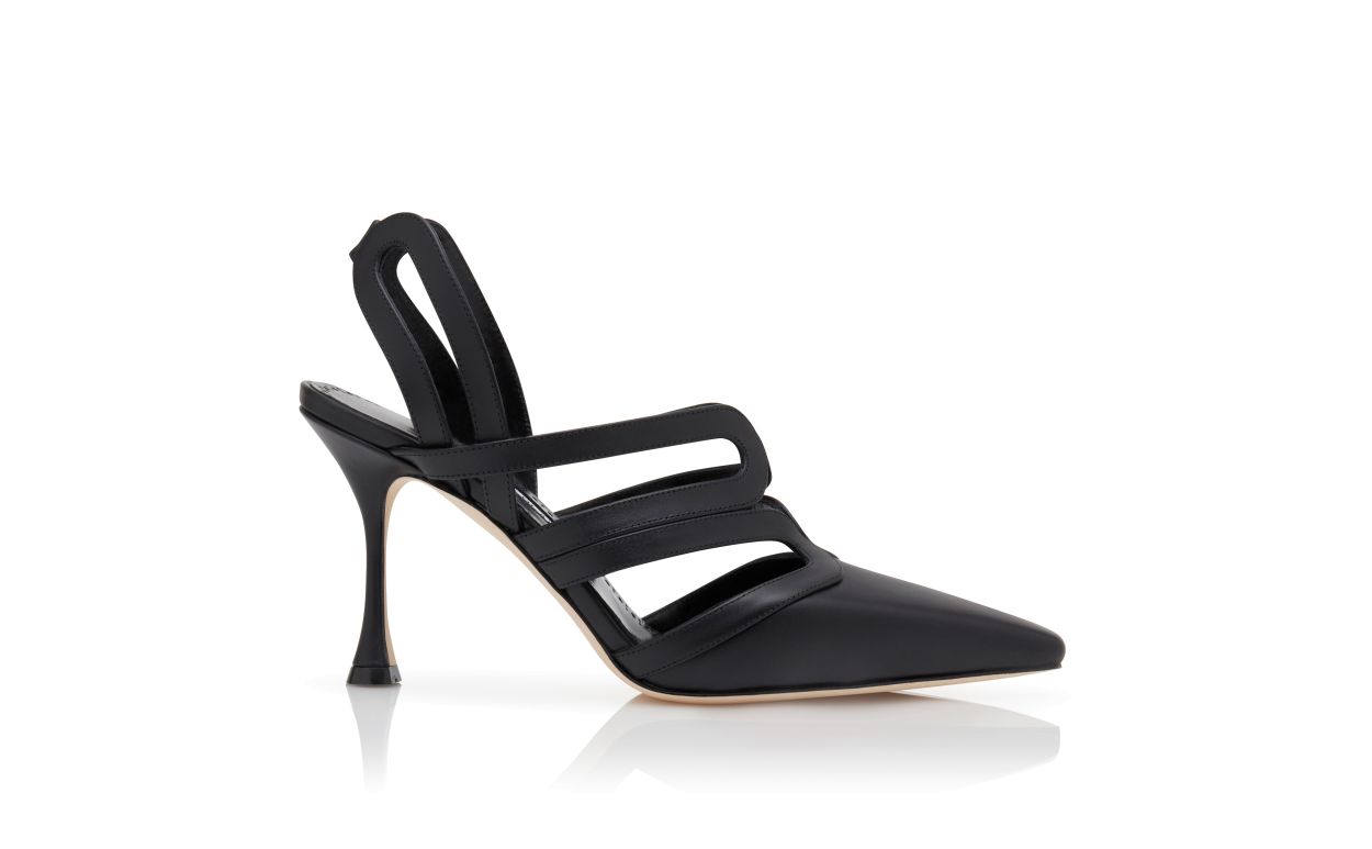 Designer Black Calf Leather Slingback Pumps - Image Side View