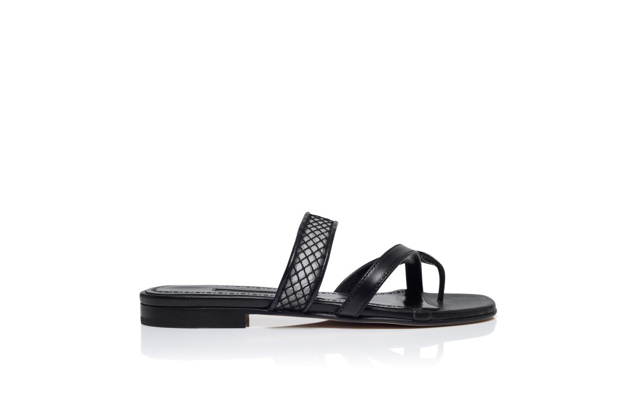 Designer Black Nappa Leather Flat Sandals - Image Side View