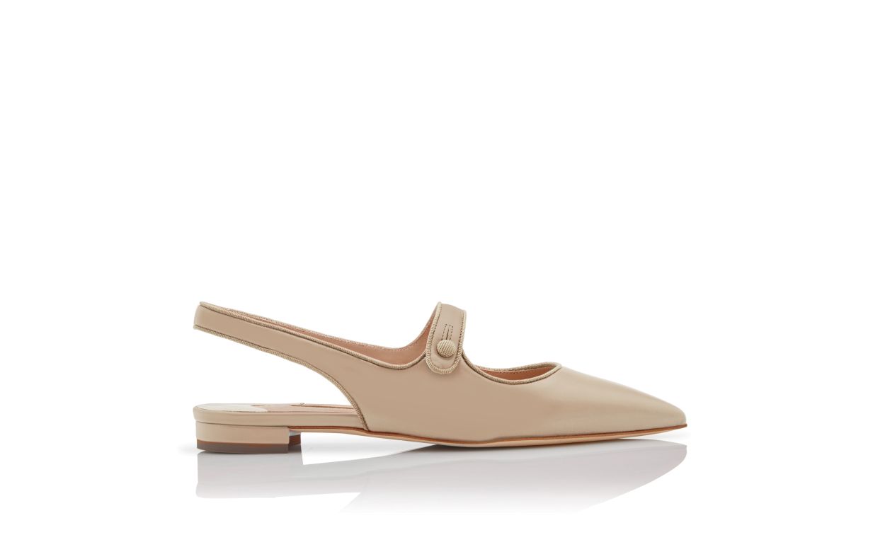 Designer Beige Nappa Leather Slingback Flat Pumps - Image Side View