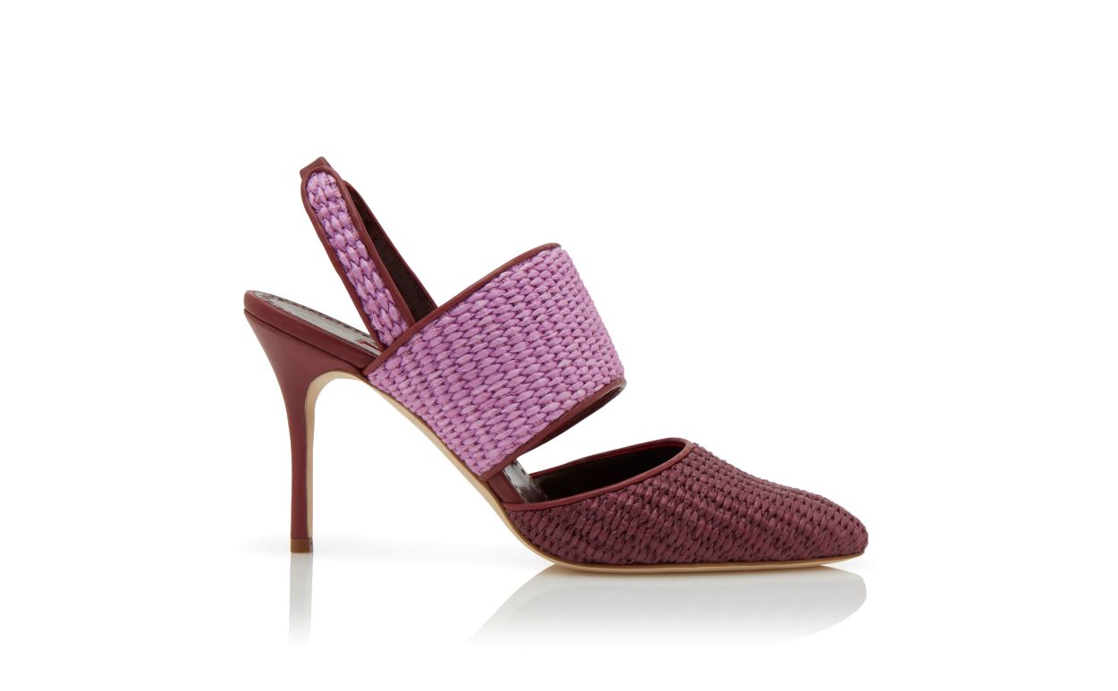 Designer Dark Red and Purple Raffia Slingback Pumps - Image Side View