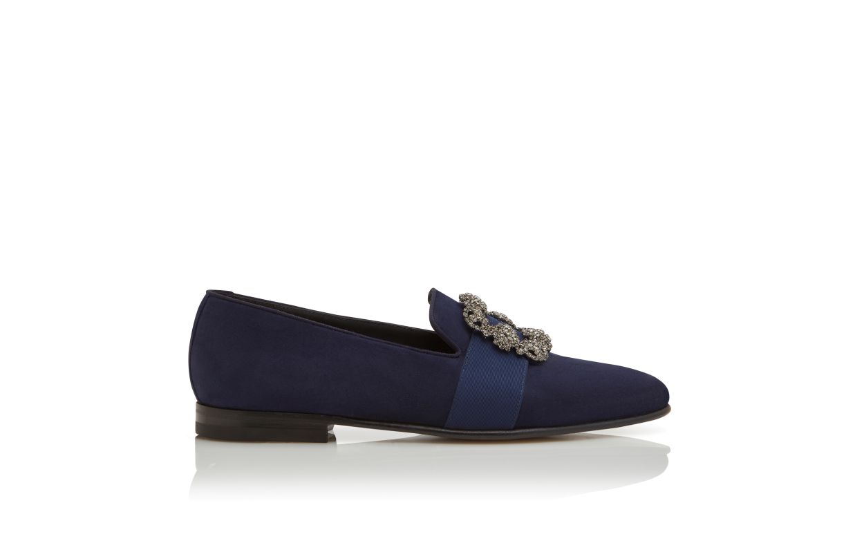 Designer Navy Blue Suede Jewel Buckle Loafers - Image Side View