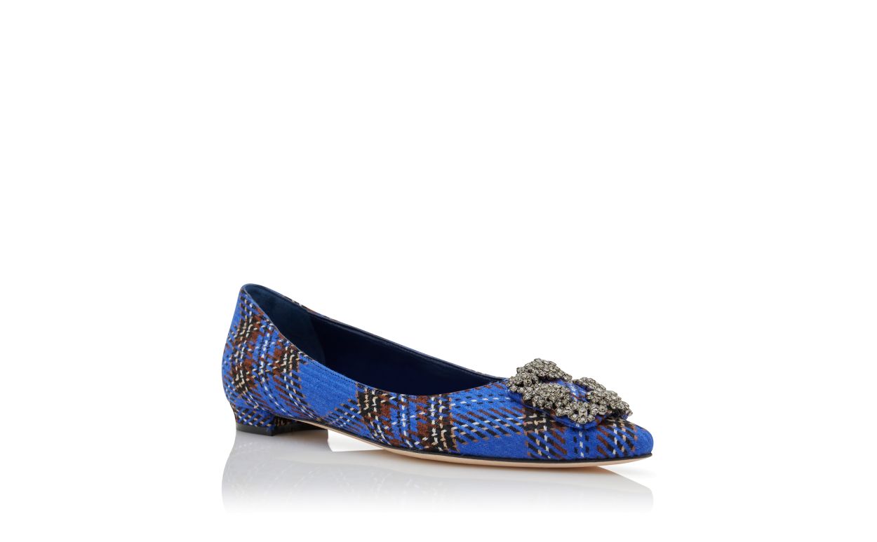 Designer Blue Wool Tartan Jewel Buckle Flat Pumps - Image Upsell