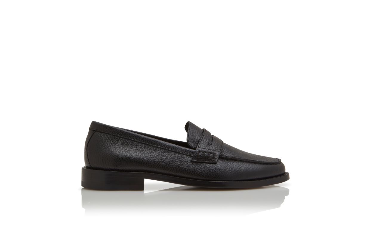 Designer Black Calf Leather Penny Loafers - Image Side View