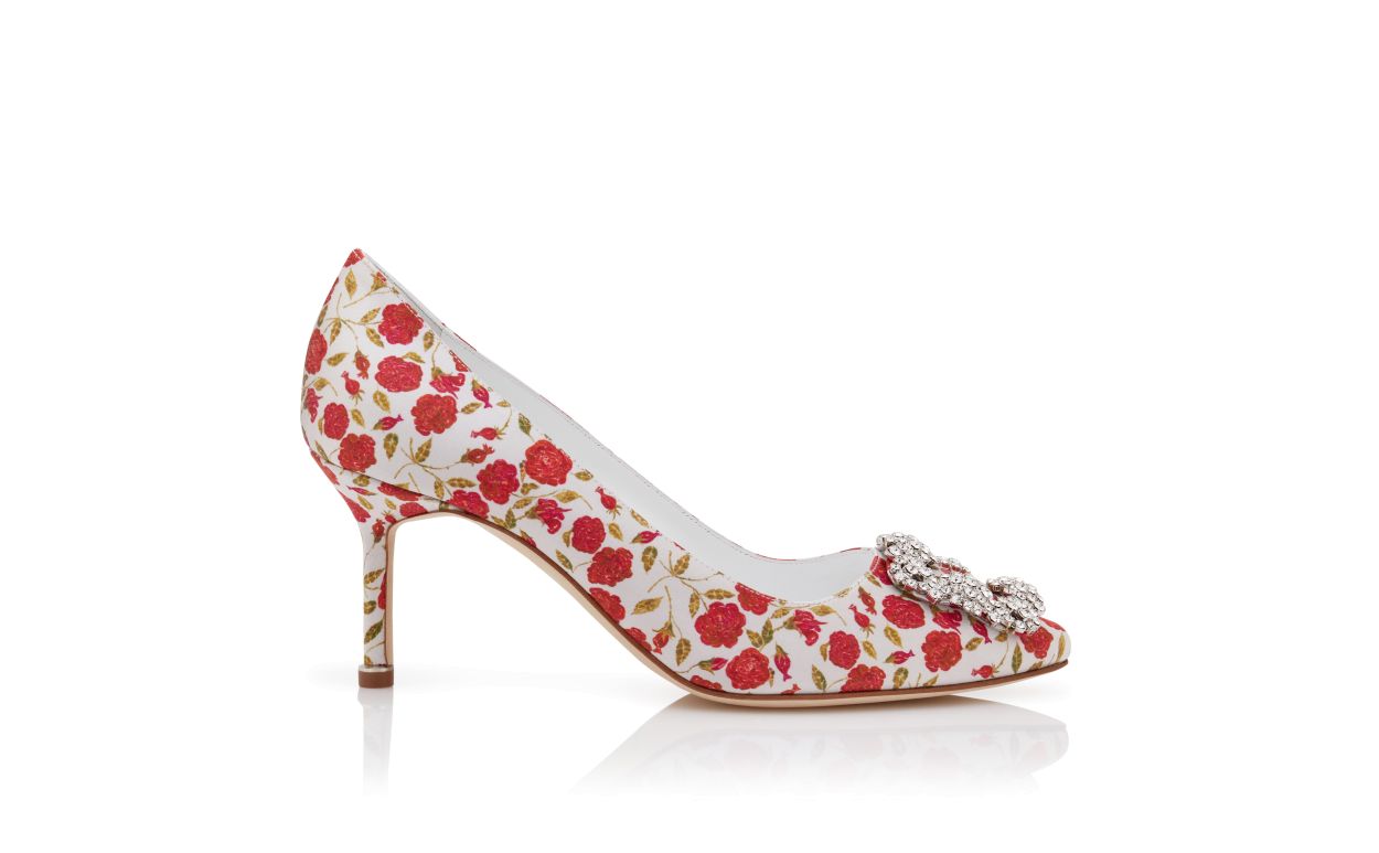 Designer White and Red Satin Jewel Buckle Pumps - Image Side View