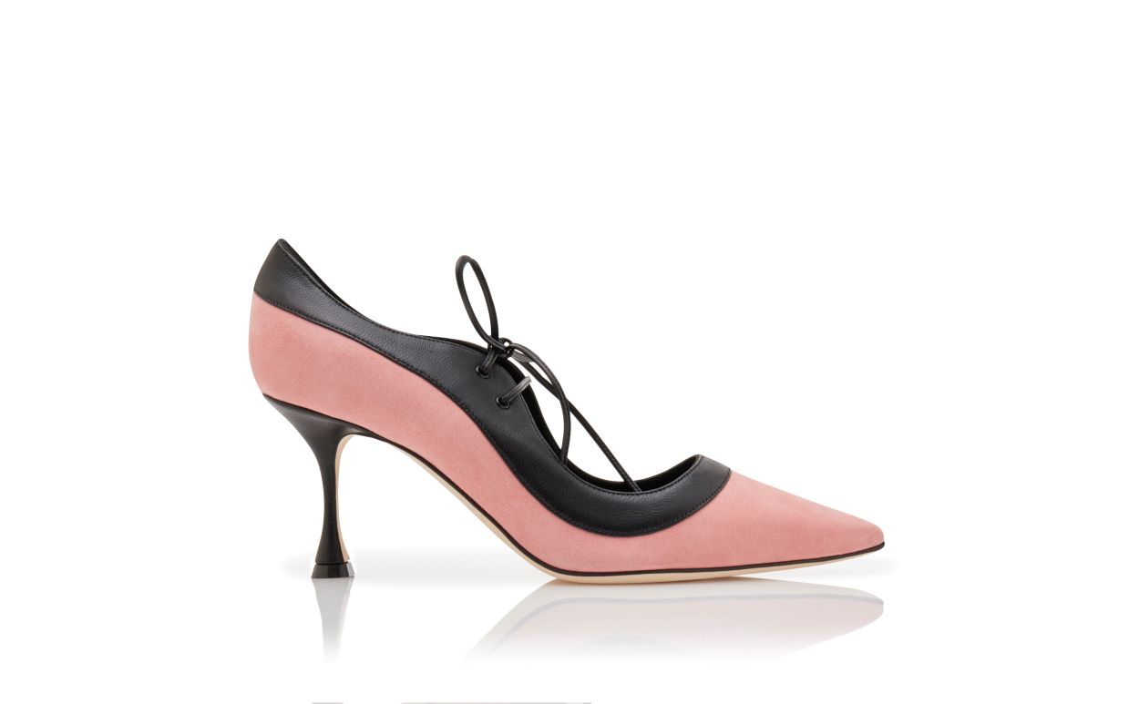Designer Pink and Black Suede Lace-Up Pumps - Image Side View