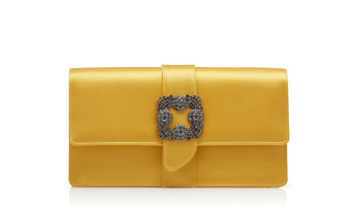 Designer Yellow Satin Jewel Buckle Clutch - Image Side View