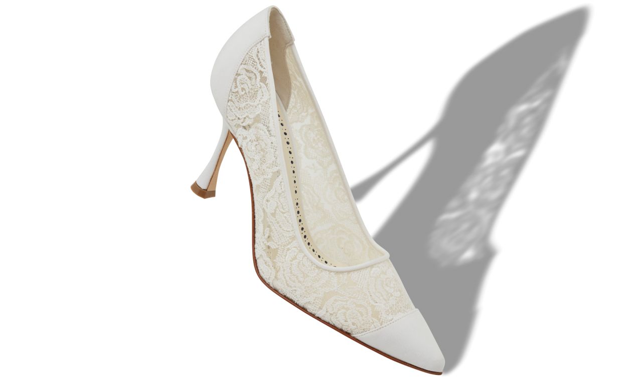 Designer White Lace Pointed Toe Pumps - Image small_image