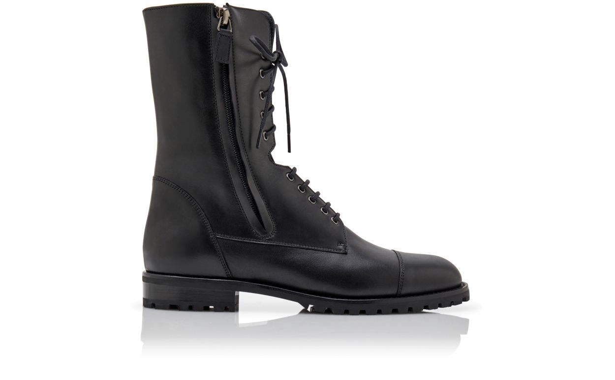 Designer Black Calf Leather Military Boots - Image Side View