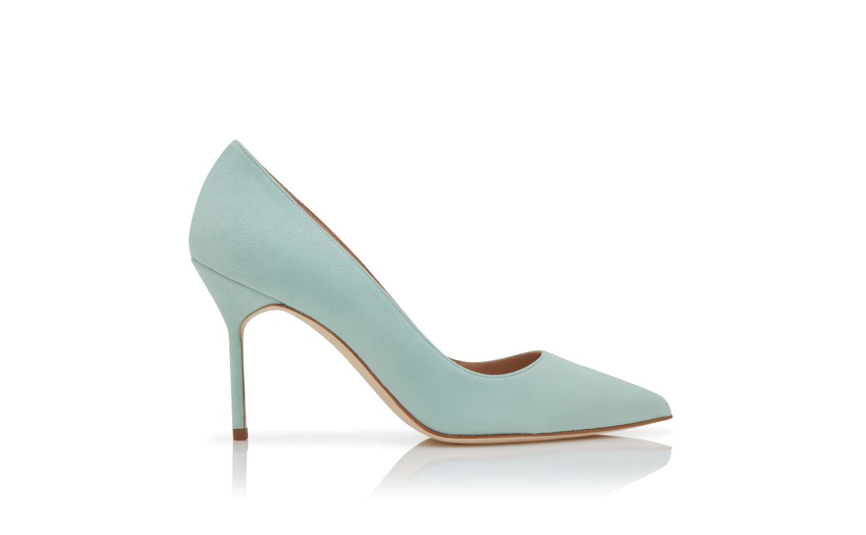 Designer Light Green Suede Pointed Toe Pumps  - Image Side View