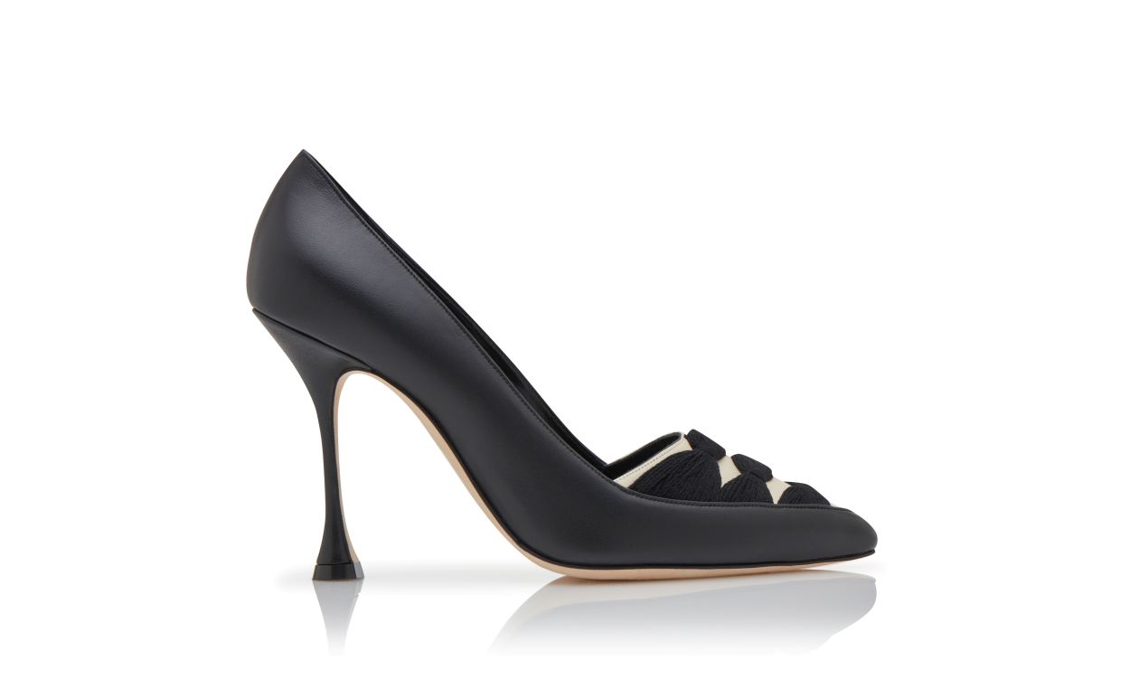 Designer Black and Cream Nappa Leather Ruched Pumps - Image Side View