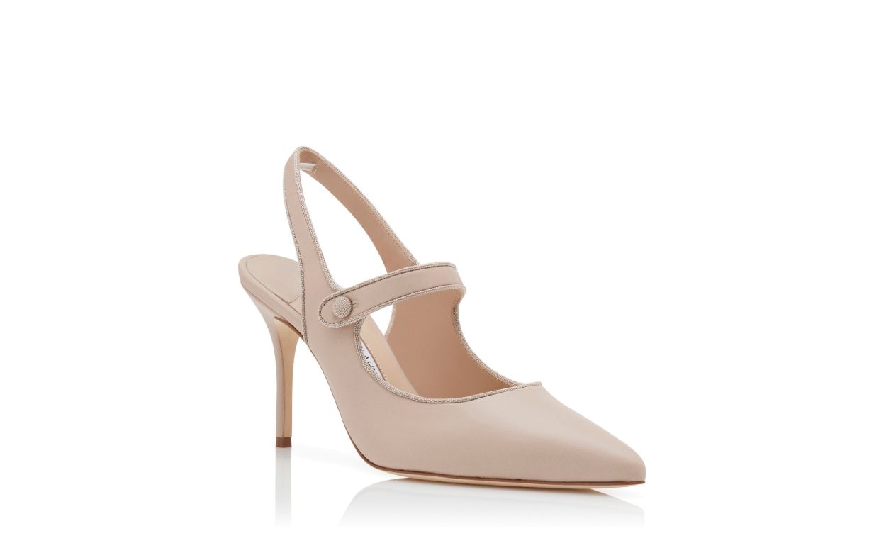 Designer Beige Nappa Leather Pointed Toe Slingback Pumps - Image 