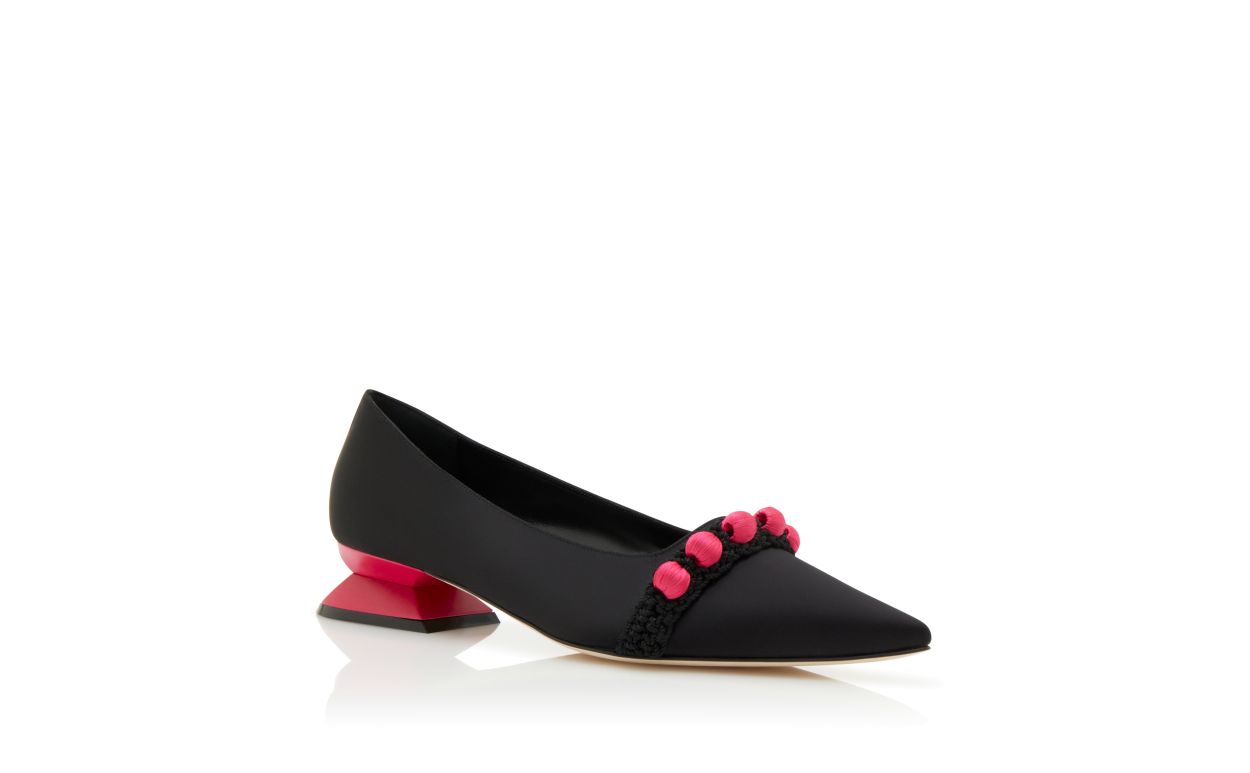 Designer Black and Pink Satin Pom Pom Pumps - Image Upsell