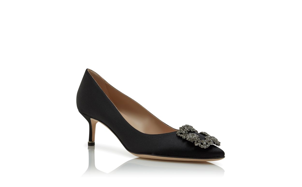 Designer Black Satin Jewel Buckle Pumps - Image Upsell