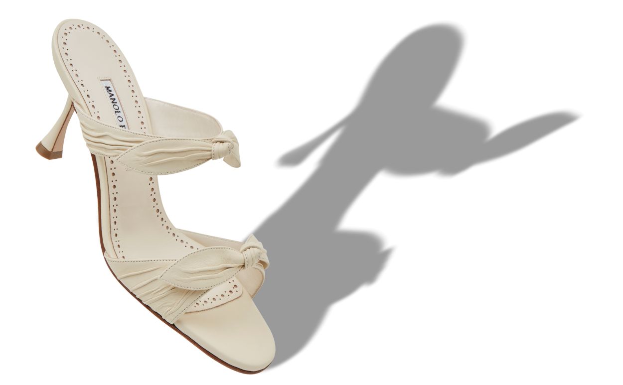 Designer Cream Nappa Leather Bow Detail Mules - Image small_image