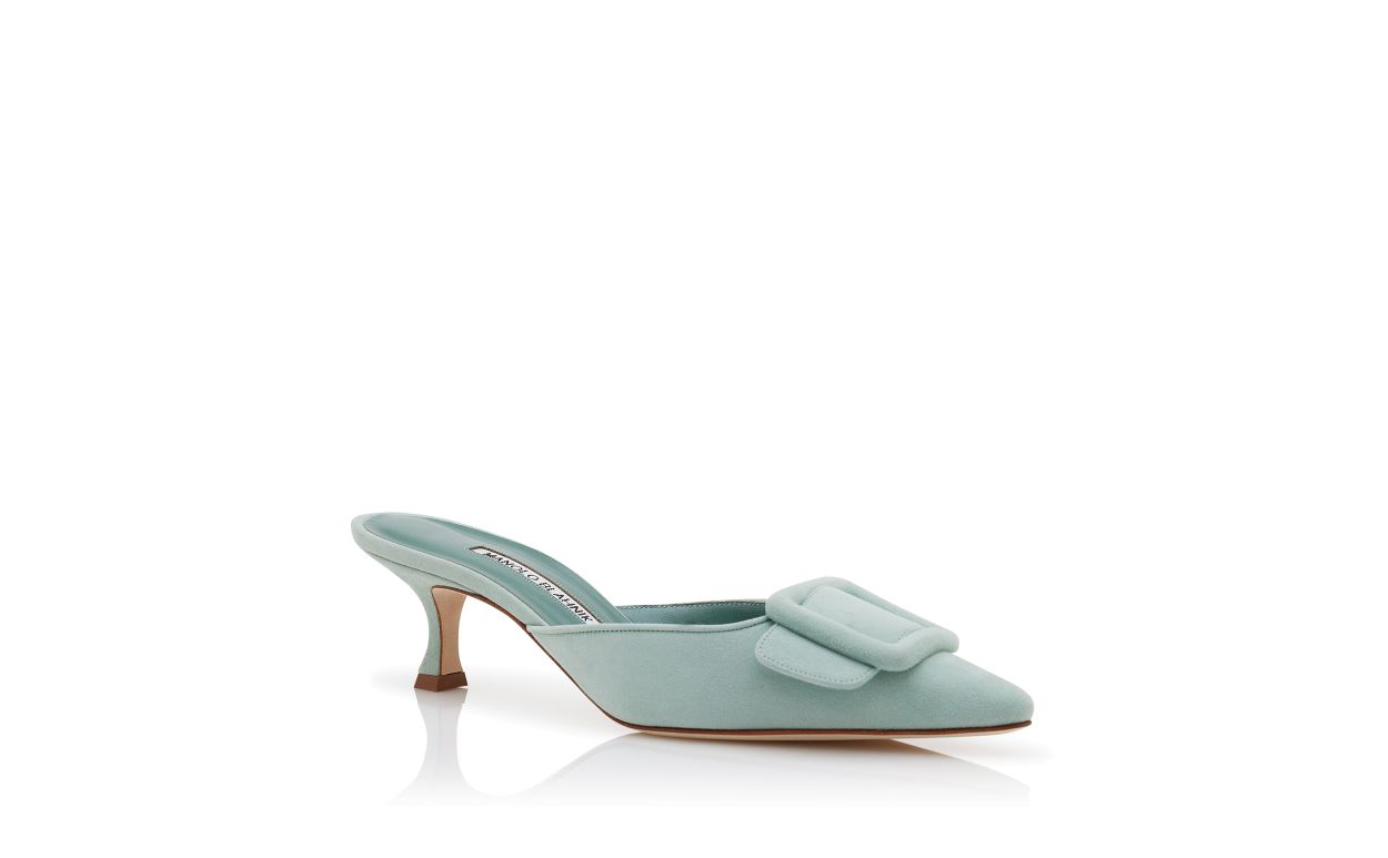 Designer Light Green Suede Buckle Detail Mules - Image Upsell