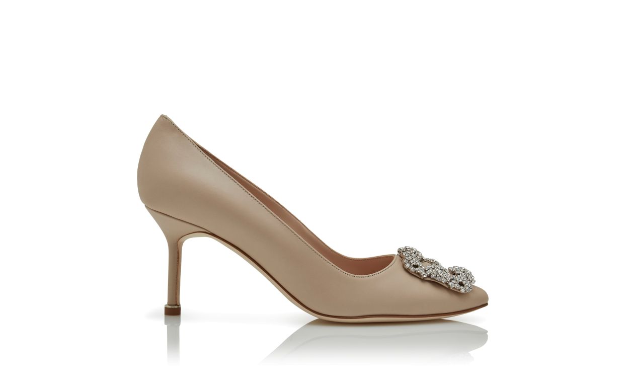 Designer Light Beige Calf Leather Jewel Buckle Pumps - Image Side View