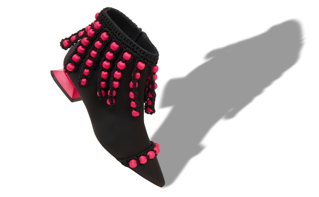 Designer Black and Pink Satin Pom Pom Ankle Boots - Image small_image