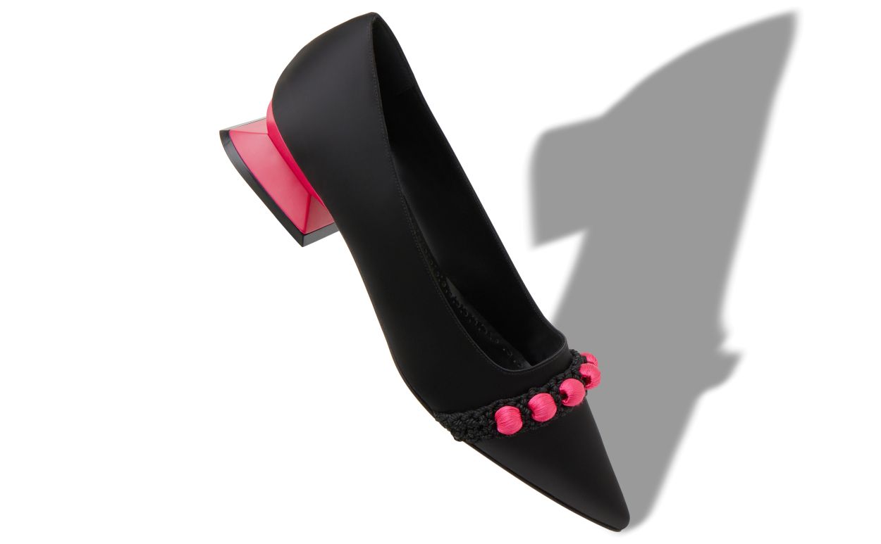 Designer Black and Pink Satin Pom Pom Pumps - Image small_image