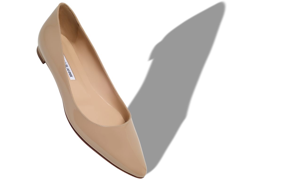 Designer Light Beige Patent Leather Pointed Toe Flat Pumps - Image small_image